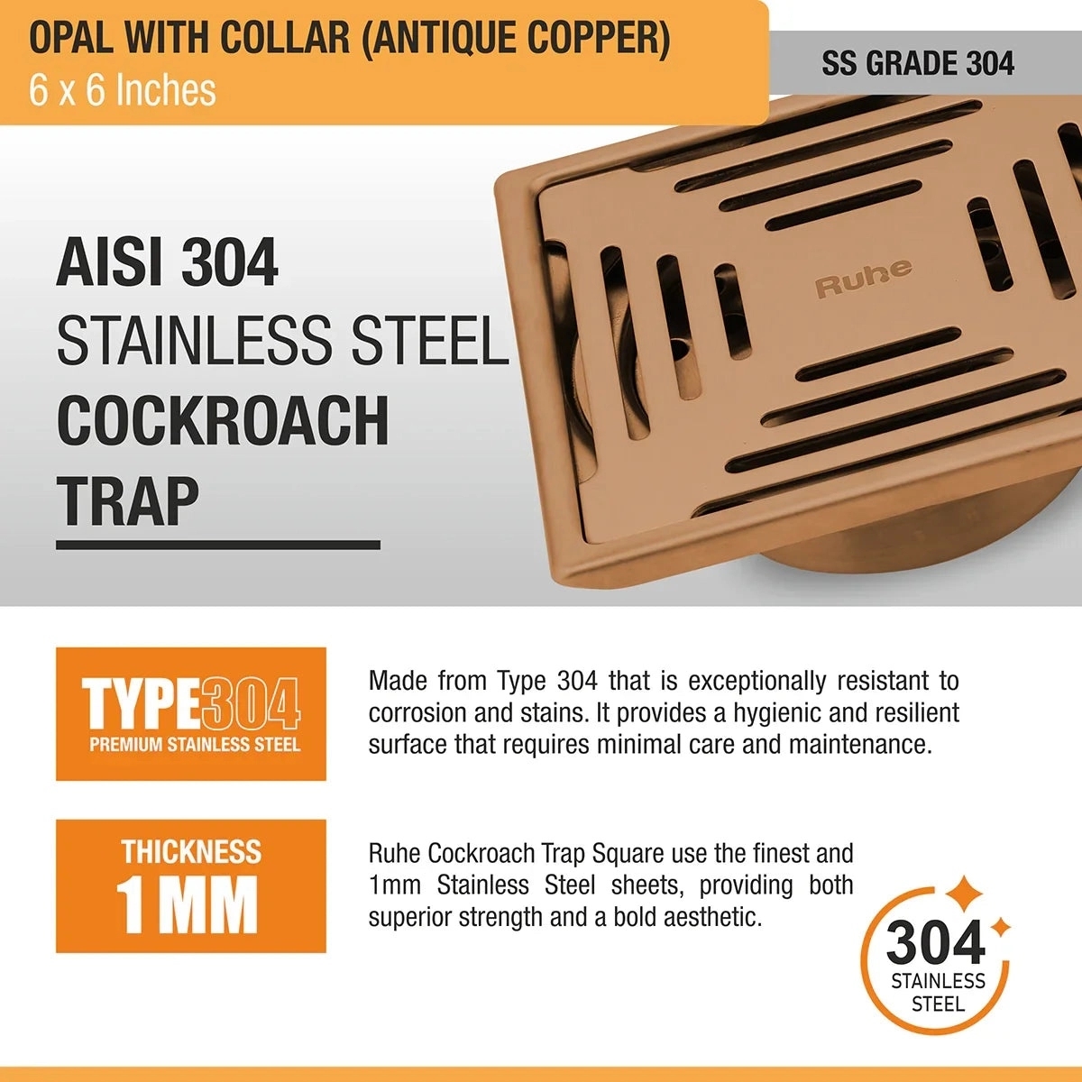 Ruhe Opal Square Flat Cut Floor Drain in Antique Copper PVD Coating 6 x 6 Inches by Ruhe : Colours available: Copper 1 3