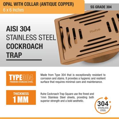 Ruhe Opal Square Flat Cut Floor Drain in Antique Copper PVD Coating 6 x 6 Inches by Ruhe : Colours available: Copper 1 3