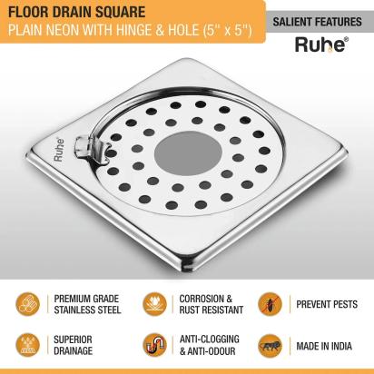 Ruhe Plain Neon Square Floor Drain 5 x 5 Inches With Hole and Hinged Grating Top by Ruhe : Colours available: Silver 2 2