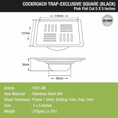 Lipka Pink Exclusive Square Flat Cut Floor Drain in Black PVD Coating (5 x 5 Inches) with Cockroach Trap 1