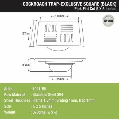 Lipka Pink Exclusive Square Flat Cut Floor Drain in Black PVD Coating (5 x 5 Inches) with Cockroach Trap 1