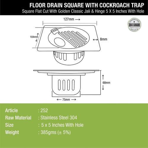 Lipka Golden Classic Jali Square Flat Cut Floor Drain (5 x 5 Inches) with Hinge, Hole and Cockroach Trap 1