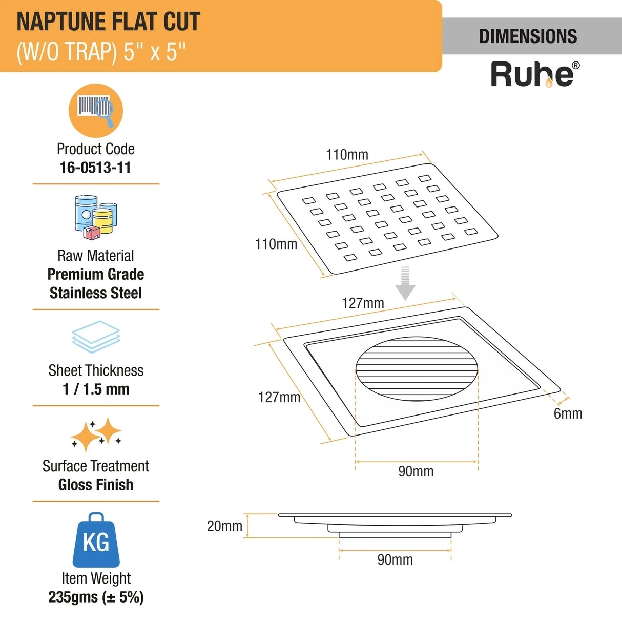 Ruhe Naptune Square Flat Cut Floor Drain 5 x 5 Inches by Ruhe 1 1