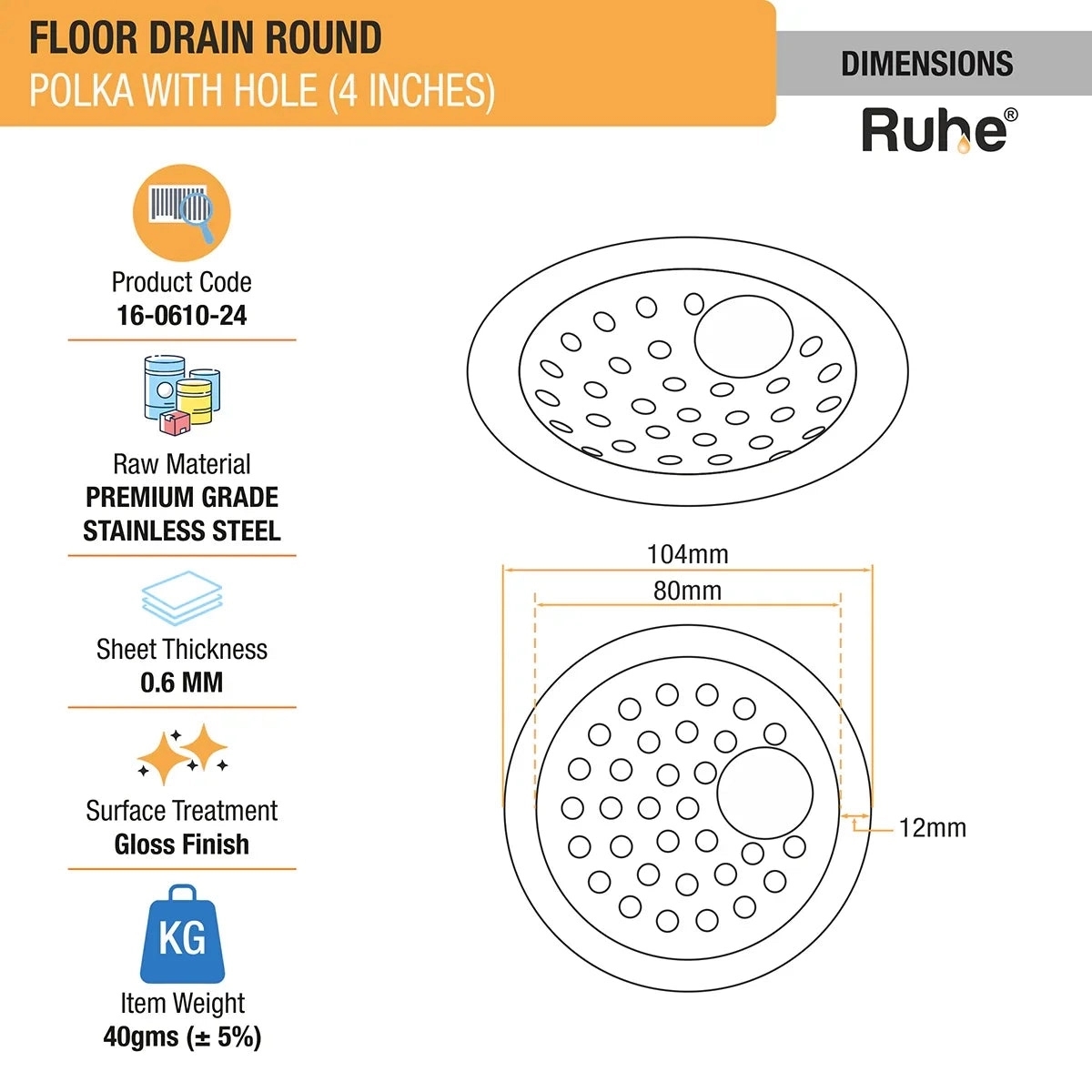 Ruhe Polka Round Floor Drain 4 Inches with Hole - Pack of 4 by Ruhe : Colours available: Silver 2 1
