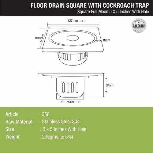 Lipka Full Moon Square Floor Drain (5 x 5 Inches) with Hole and Cockroach Trap 1