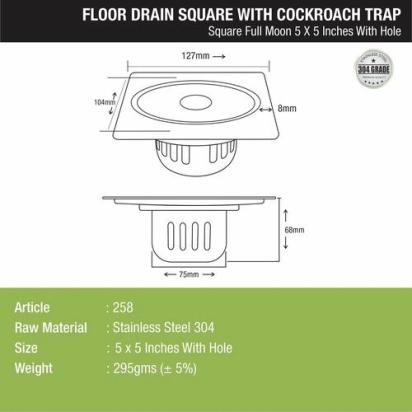 Lipka Full Moon Square Floor Drain (5 x 5 Inches) with Hole and Cockroach Trap 1