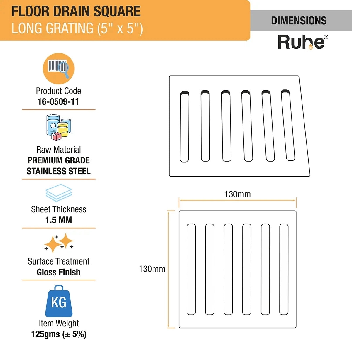 Ruhe Long Grating Floor Drain 5 x 5 Inches by Ruhe : Colours available: Silver 1 1