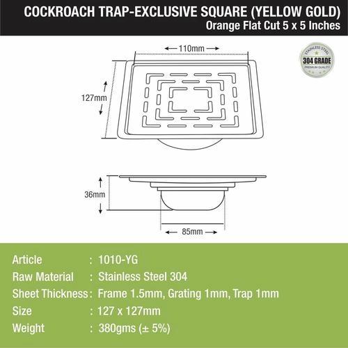 Lipka Orange Exclusive Square Flat Cut Floor Drain in Yellow Gold PVD Coating (5 x 5 Inches) with Cockroach Trap 1