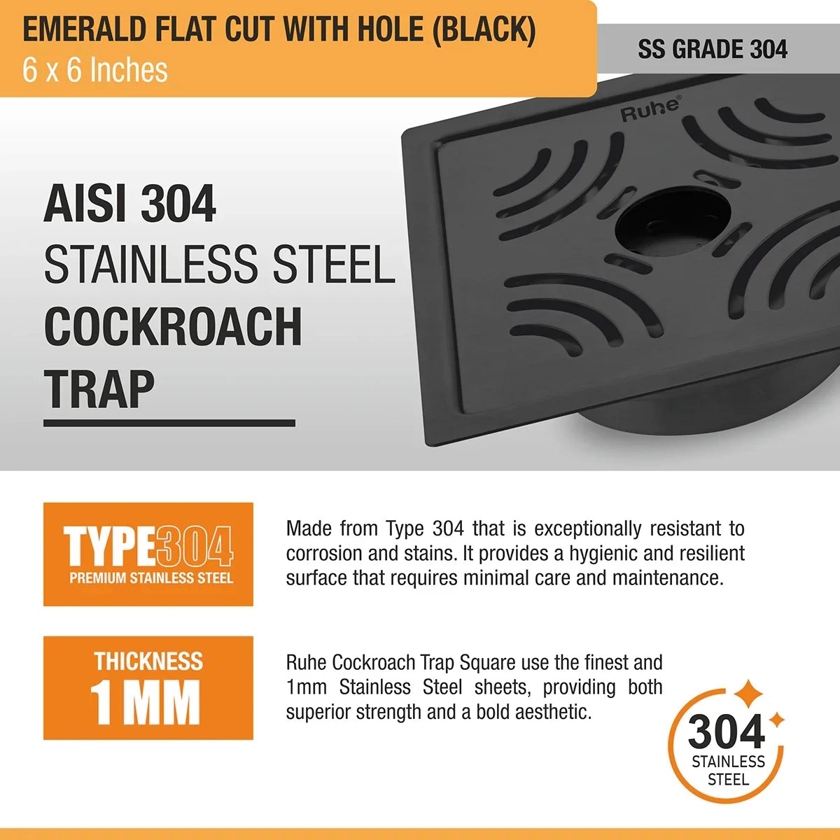 Ruhe Emerald Square Flat Cut Floor Drain in Black PVD Coating 6 x 6 Inches with Hole by Ruhe : Colours available: Black 4 5