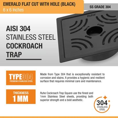 Ruhe Emerald Square Flat Cut Floor Drain in Black PVD Coating 6 x 6 Inches with Hole by Ruhe : Colours available: Black 4 5