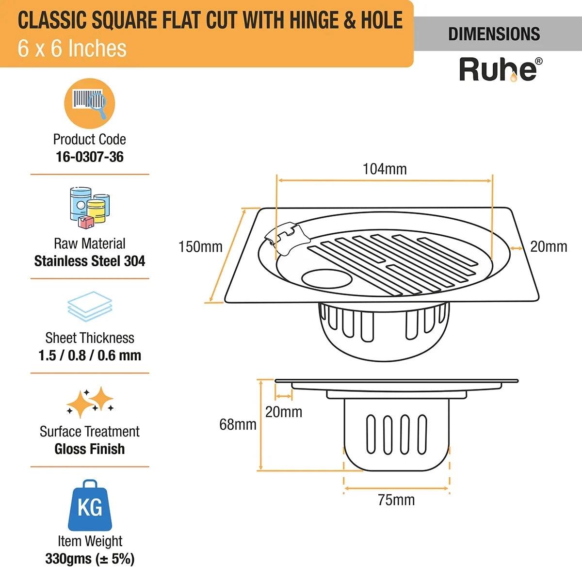 Ruhe Classic Square Flat Cut 304-Grade Floor Drain with Hinge Hole & Cockroach Trap - 6 x 6 Inches 1