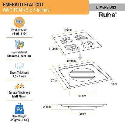 Ruhe Emerald Square Flat Cut 304 - Grade Floor Drain 5 x 5 Inches by Ruhe : Colours available: Silver 3 1