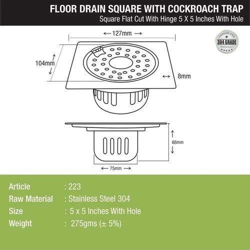 Lipka Square Flat Cut Floor Drain (5 x 5 Inches) with Hinge, Hole and Cockroach Trap 1