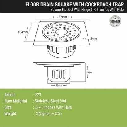 Lipka Square Flat Cut Floor Drain (5 x 5 Inches) with Hinge, Hole and Cockroach Trap 1