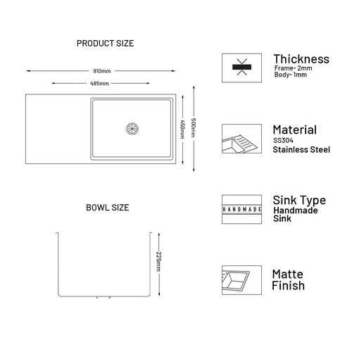 Glen Stainless Steel Grade 304 Sink for Kitchen, Single Bowl Handmade Sink with Side Drain Board 36x20x9 inches, Matte Finish (KS-SH36209SBSDM) 4