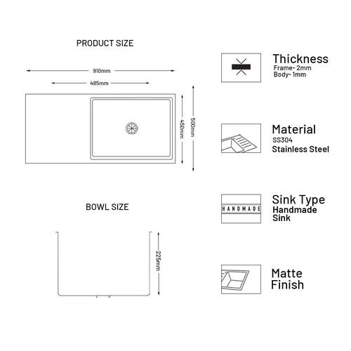 Glen Stainless Steel Grade 304 Sink for Kitchen, Single Bowl Handmade Sink with Side Drain Board 36x20x9 inches, Matte Finish (KS-SH36209SBSDM) 4