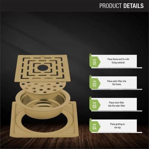 Lipka Orange Exclusive Square Floor Drain in Yellow Gold PVD Coating (6 x 6 Inches) with Hole & Cockroach Trap 2