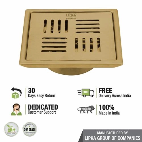 Lipka Pink Exclusive Square Floor Drain in Yellow Gold PVD Coating (5 x 5 Inches) with Cockroach Trap 4