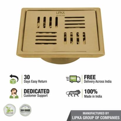 Lipka Pink Exclusive Square Floor Drain in Yellow Gold PVD Coating (5 x 5 Inches) with Cockroach Trap 4