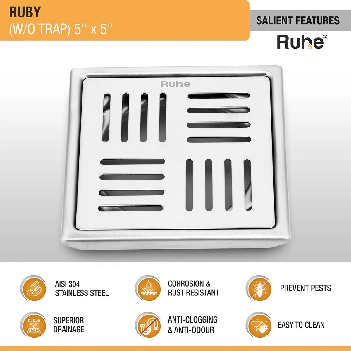 Ruby Square 304-Grade Floor Drain 5 x 5 Inches by Ruhe : Colours available: Silver 4 2