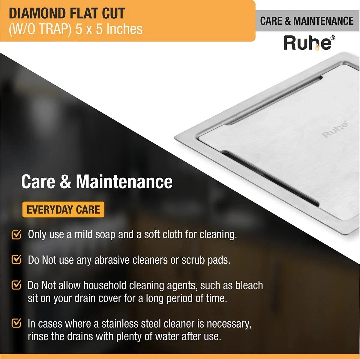 Diamond Square Flat Cut 304-Grade Floor Drain 5 x 5 Inches by Ruhe : Colours available: Silver 3 5