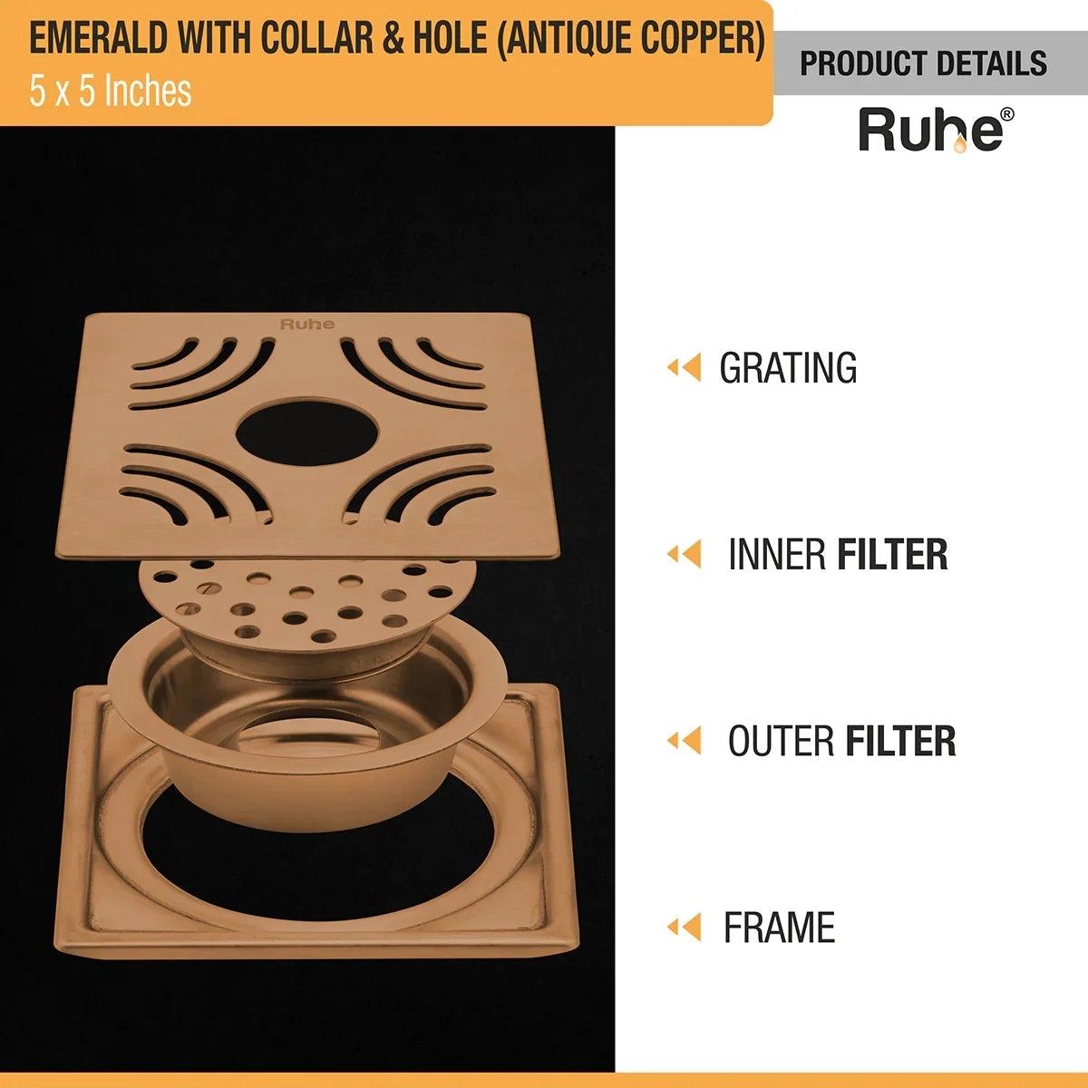 Ruhe Emerald Square Flat Cut Floor Drain in Antique Copper PVD Coating 5 x 5 Inches with Hole 2