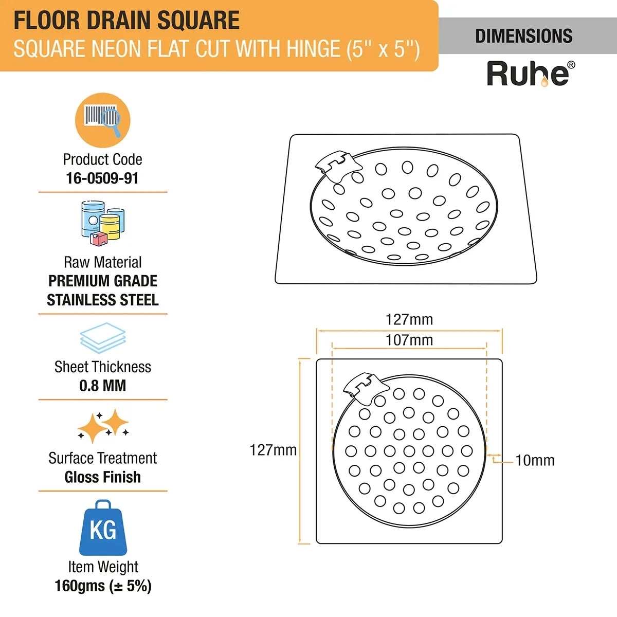 Ruhe Neon Square Flat Cut Floor Drain - 5 x 5 Inches With Hinged Grating Top by Ruhe : Colours available: Silver 3 1