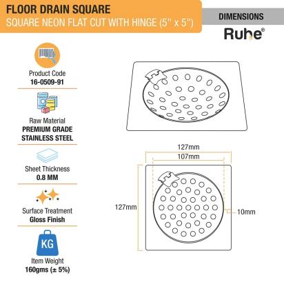 Ruhe Neon Square Flat Cut Floor Drain - 5 x 5 Inches With Hinged Grating Top by Ruhe : Colours available: Silver 3 1