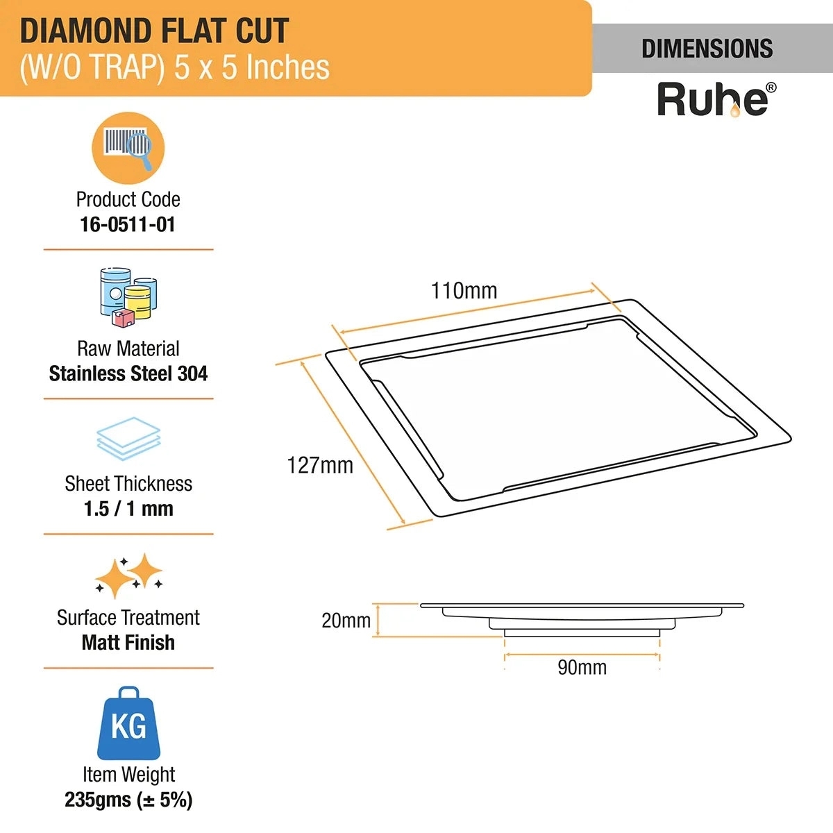 Diamond Square Flat Cut 304-Grade Floor Drain 5 x 5 Inches by Ruhe : Colours available: Silver 2 1