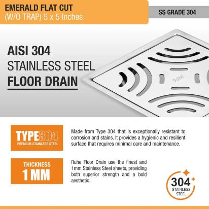 Ruhe Emerald Square Flat Cut 304 - Grade Floor Drain 5 x 5 Inches by Ruhe : Colours available: Silver 1 3