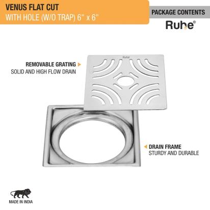 Ruhe Venus Square Premium Flat Cut Floor Drain 6 x 6 Inches With Hole by Ruhe : Colours available: Silver 3 3