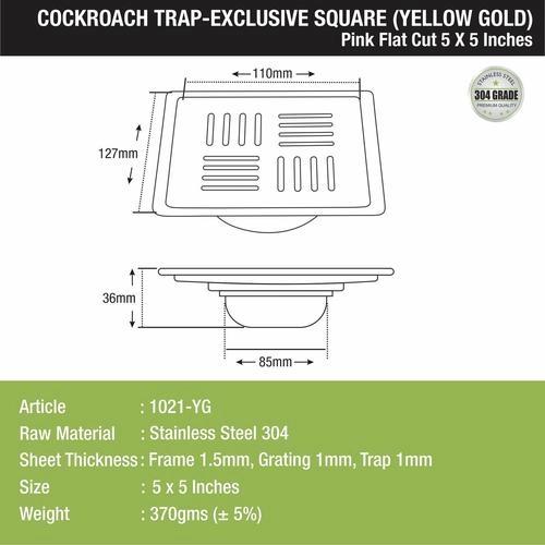 Lipka Pink Exclusive Square Flat Cut Floor Drain in Yellow Gold PVD Coating (5 x 5 Inches) with Cockroach Trap 1