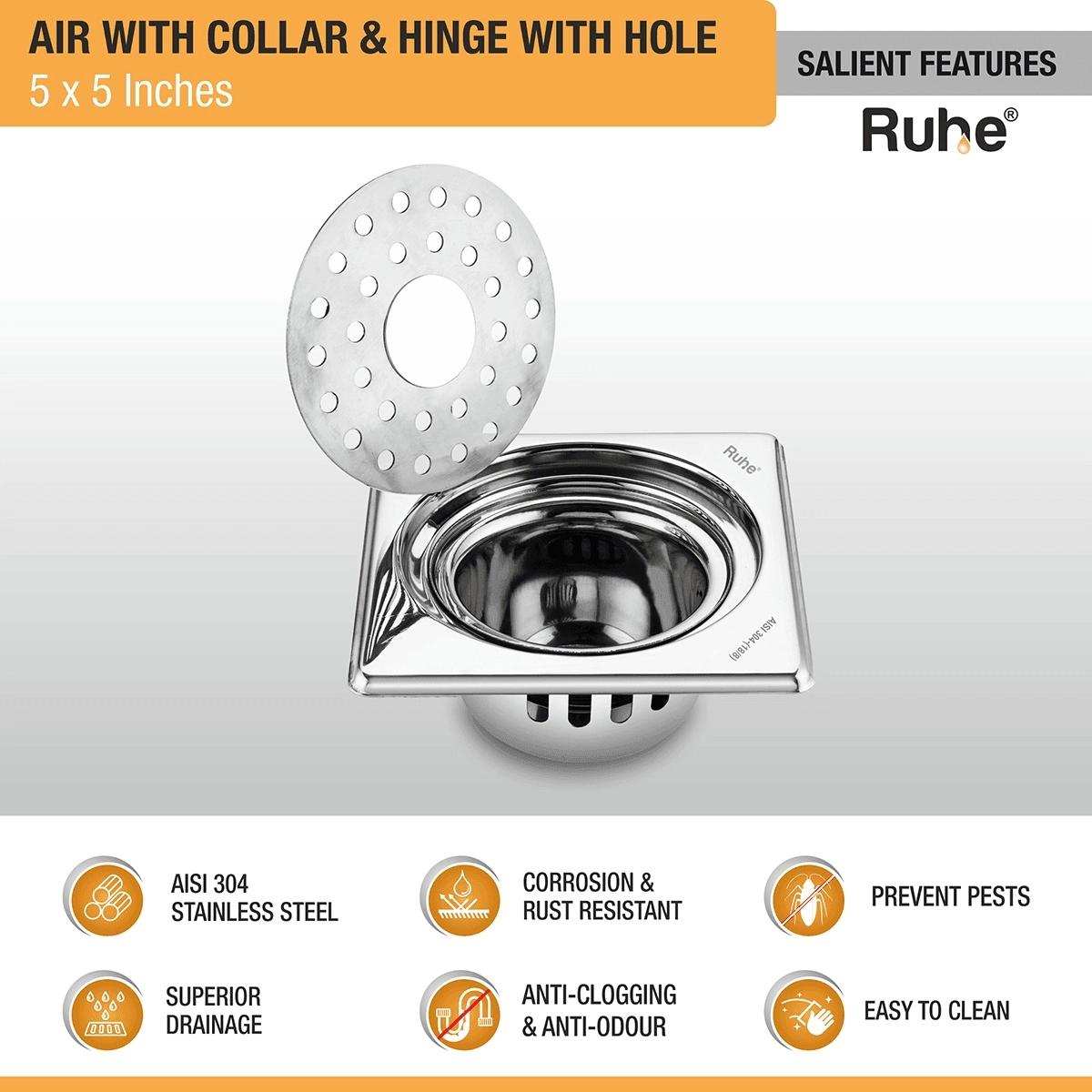Ruhe Air Square 304-Grade Floor Drain with Collar Hinge Hole and Cockroach Trap - 5 x 5 Inches 2