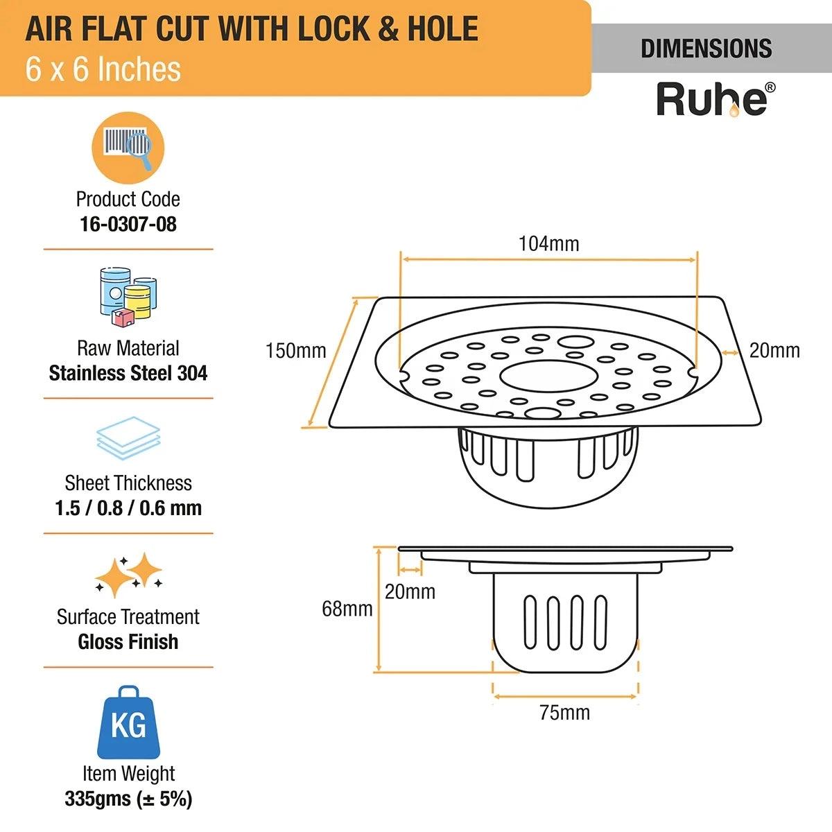 Ruhe Air Square Flat Cut 304-Grade Floor Drain with Lock Hole and Cockroach Trap 6 x 6 Inches 1