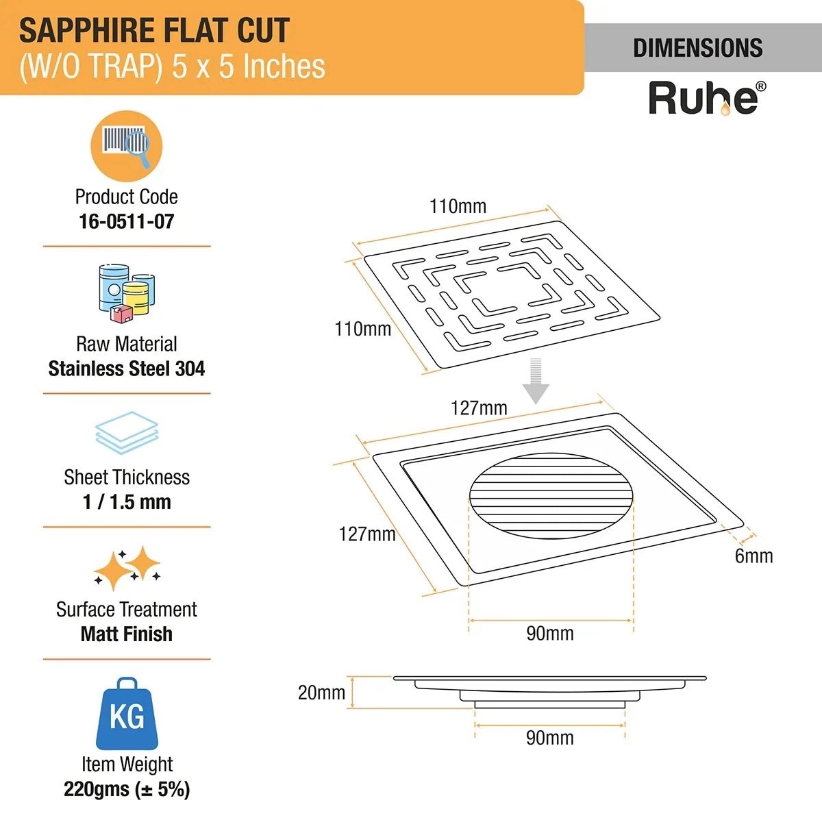 Ruhe Sapphire Square Flat Cut 304 Grade Floor Drain - (5 x 5 Inches) by Ruhe : Colours available: Silver 1 1