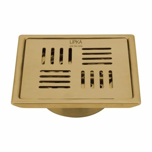 Lipka Pink Exclusive Square Floor Drain in Yellow Gold PVD Coating (5 x 5 Inches) with Cockroach Trap
