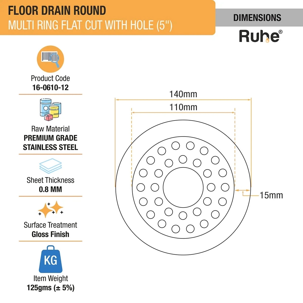 Ruhe Multi Ring Flat Cut Floor Drain 5 inches with Hole Pack of 2 by Ruhe : Colours available: Silver 4 1