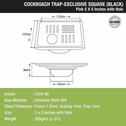 Lipka Pink Exclusive Square Floor Drain in Black PVD Coating (5 x 5 Inches) with Hole & Cockroach Trap 1