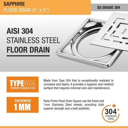 Ruhe Sapphire Square 304-Grade Floor Drain - 5 x 5 Inches by Ruhe : Colours available: Silver 5 4