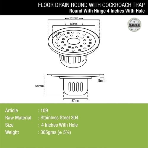 Lipka Round Floor Drain (4 inches) with Hinge, Hole & Cockroach Trap 1