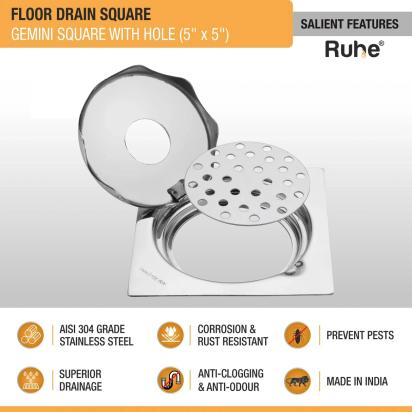 Ruhe Gemini Square 304-Grade Floor Drain with Hinge & Hole 5 x 5 Inches by Ruhe 2 2