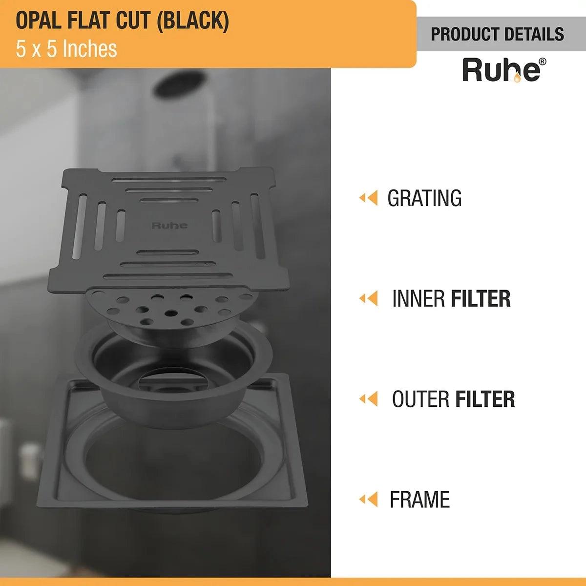 Ruhe Opal Square Flat Cut Floor Drain in Black PVD Coating (5 x 5 Inches) 2
