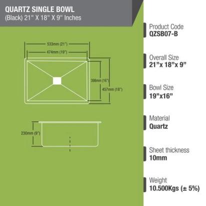 Lipka Black Quartz Single Bowl Kitchen Sink (21 x 18 x 9 Inches) 2