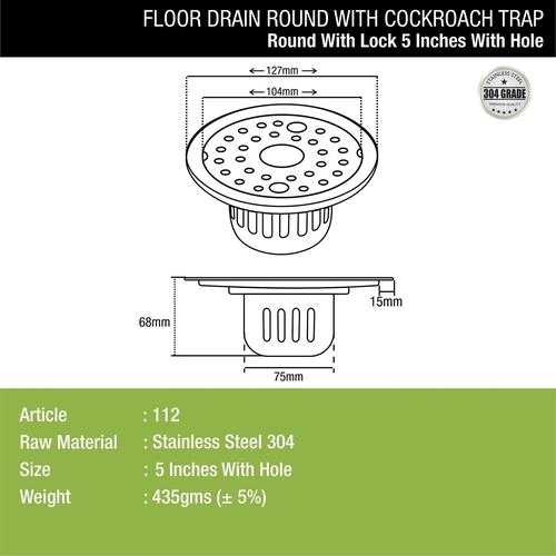 Lipka Round Floor Drain (5 inches) with Cockroach Trap, Lock & Hole 1