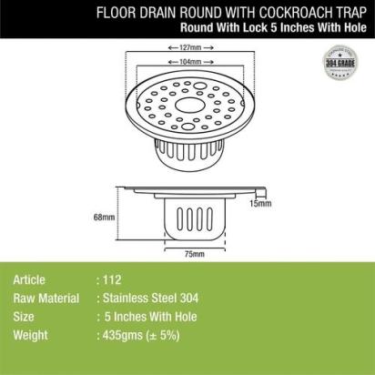 Lipka Round Floor Drain (5 inches) with Cockroach Trap, Lock & Hole 1
