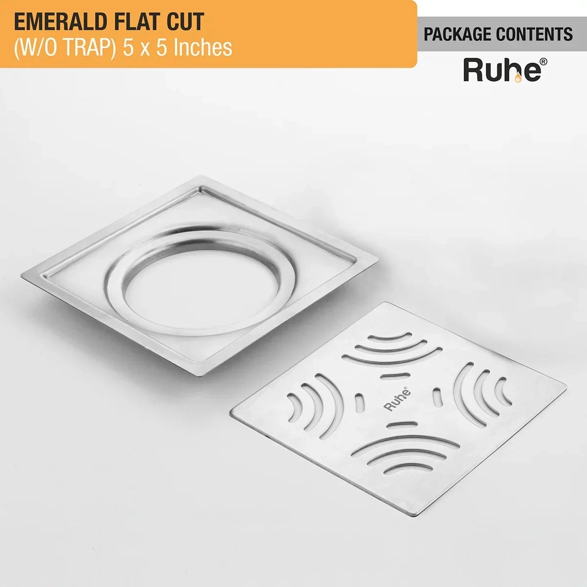 Ruhe Emerald Square Flat Cut 304 - Grade Floor Drain 5 x 5 Inches by Ruhe : Colours available: Silver 2 6