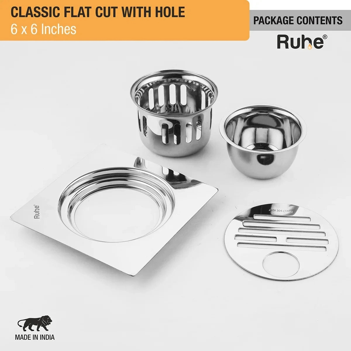 Ruhe Classic Square Flat Cut 304-Grade Floor Drain with Hole and Cockroach Trap - 6 x 6 Inches by Ruhe : Colours available: Silver 4 5