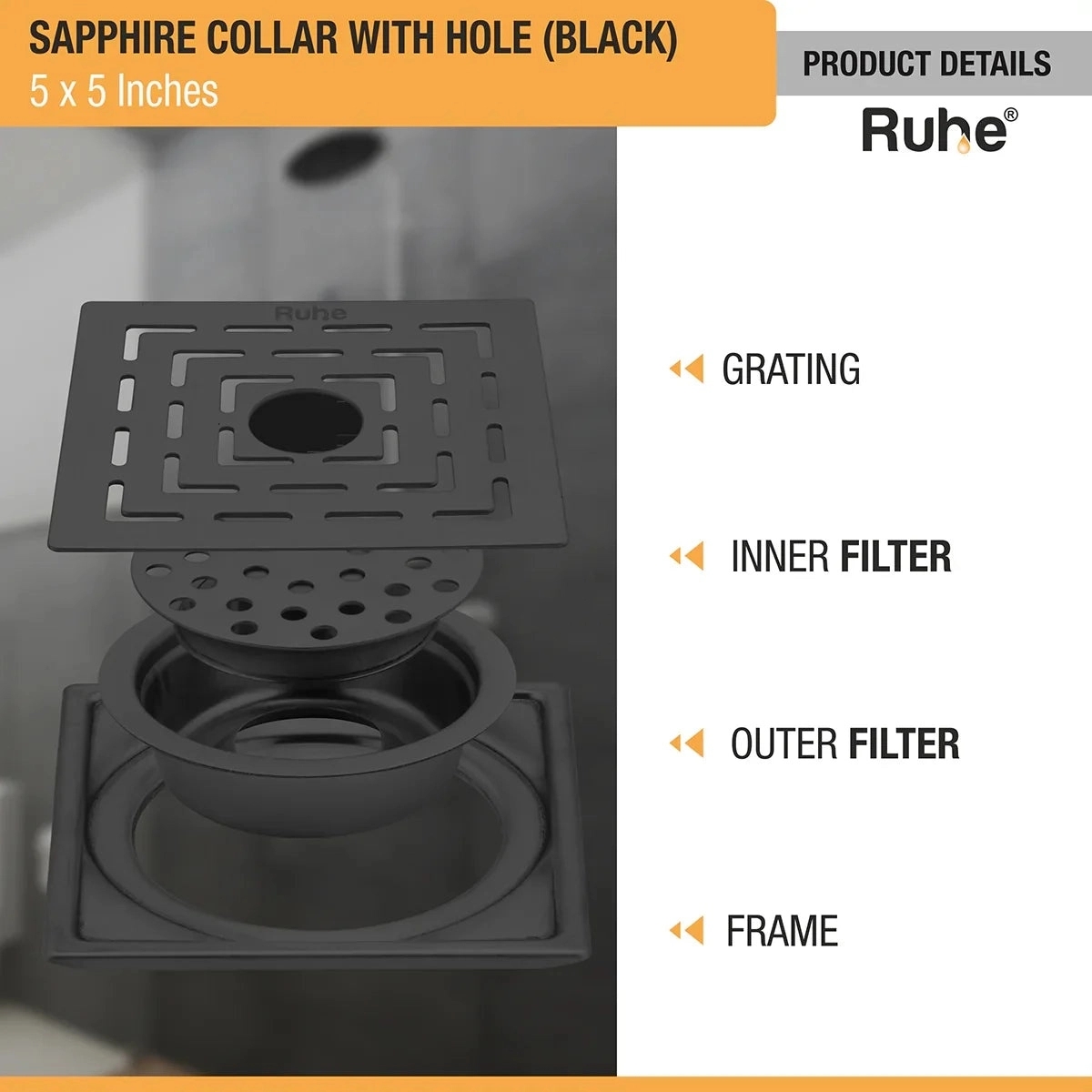 Ruhe Sapphire Square 304-Grade Floor Drain in Black PVD Coating - 5 x 5 inches by Ruhe : Colours available: Black 3 2