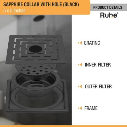 Ruhe Sapphire Square 304-Grade Floor Drain in Black PVD Coating - 5 x 5 inches by Ruhe : Colours available: Black 3 2