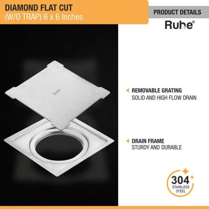 Ruhe Diamond Square Flat Cut 304 - Grade Floor Drain 6 x 6 Inches by Ruhe : Colours available: Silver 2 4